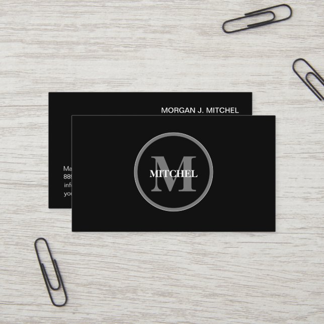 Carte De Visite Simple Noir Blanc Monogramme Moderne Professionnel (Devant/Arrière en situation)