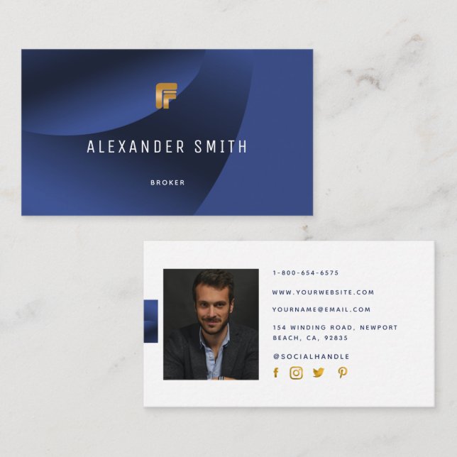 Carte De Visite Simple Office moderne Blue Gold Professional Photo (Devant / Derrière)
