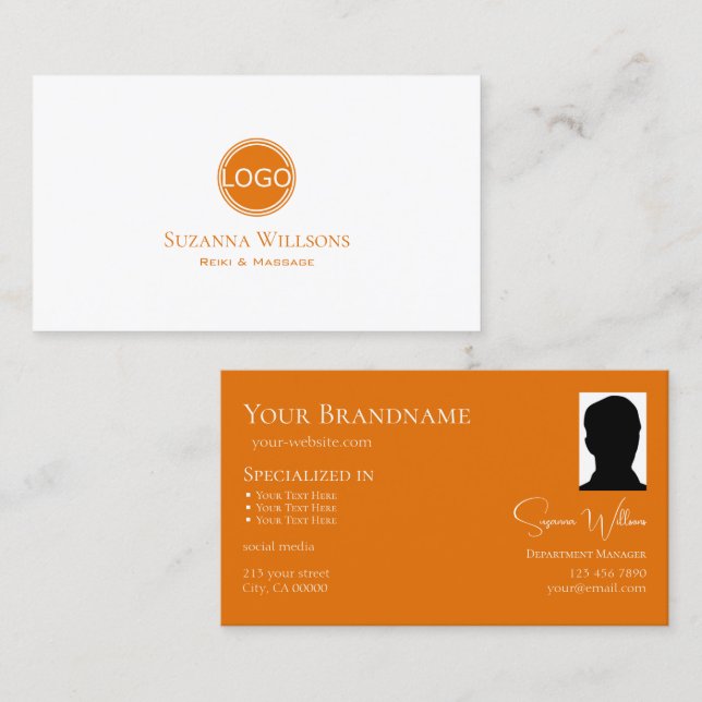 Carte De Visite Simple orange blanche avec logo et photo chic (Devant / Derrière)