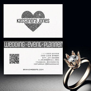Carte De Visite Simple Parties scintillant argent forme coeur noir