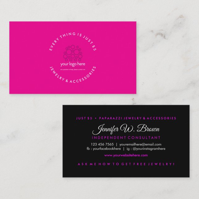 Carte De Visite Simple Pink Black Jewelry Custom Logo (Devant / Derrière)