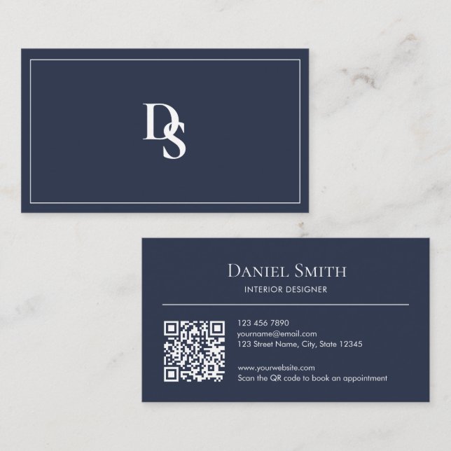 Carte De Visite Simple Professional Dusty Blue Initials QR Code (Devant / Derrière)