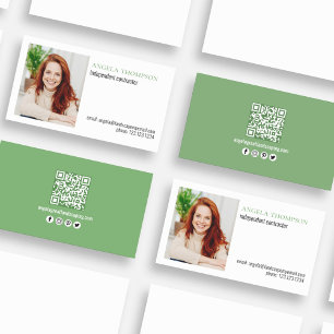 Carte De Visite Simple professionnel QR Code photo vert