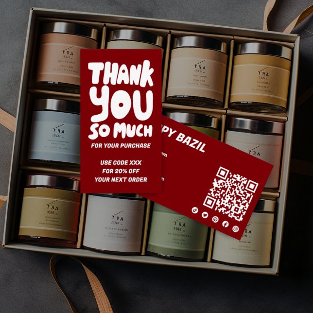 Carte De Visite Simple Red & White Order Merci Social QR Code (Simple handlettered thank you card with QR code and social media icons)