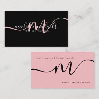Carte De Visite Simple rose pâle Mini Monogramme Script noir