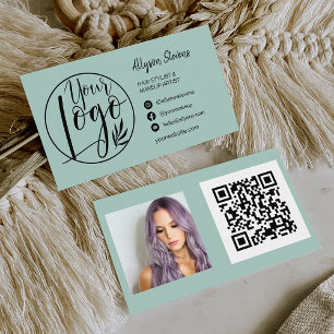 Carte De Visite Simple sauge vert maquillage photo logo qr code