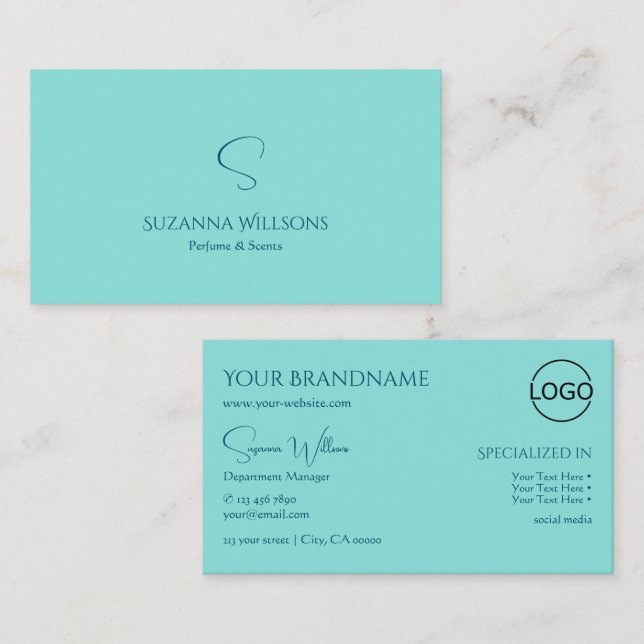 Carte De Visite Simple Turquoise avec Monogramme et Logo Moderne (Devant / Derrière)