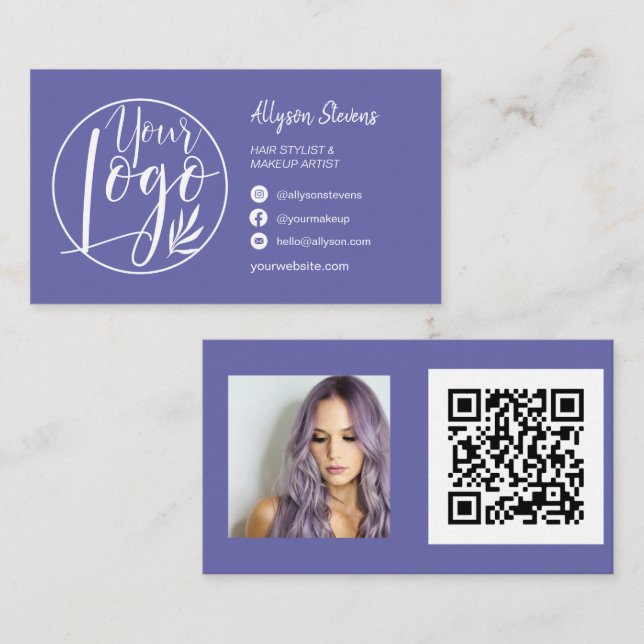 Carte De Visite Simple violet bleu maquillage photo logo qr code (Devant / Derrière)