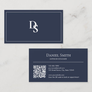 Carte De Visite Simples Initiales Code QR Bleu Poussiéreux Profess