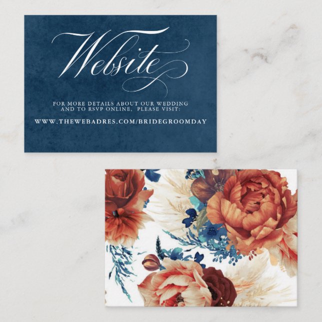 Carte De Visite Site de Mariage Floral Navy Blue and Terracotta (Devant / Derrière)