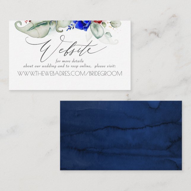 Carte De Visite Site mariage Bourgogne et bleu marine Floral (Devant / Derrière)