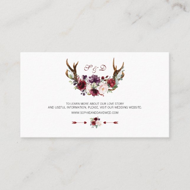 Carte De Visite Site Mariage de Burgundy Marsala Floral Antlers (Devant)