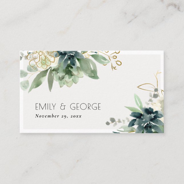 Carte De Visite Site Mariage de feuillage Succulent bleu-bleu-bleu (Devant)