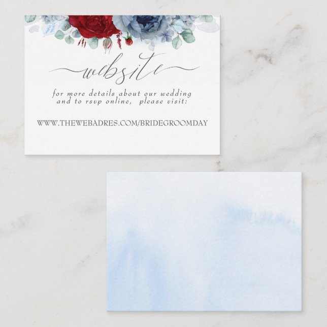 Carte De Visite Site mariage Dusty Blue Red Flowers (Devant / Derrière)