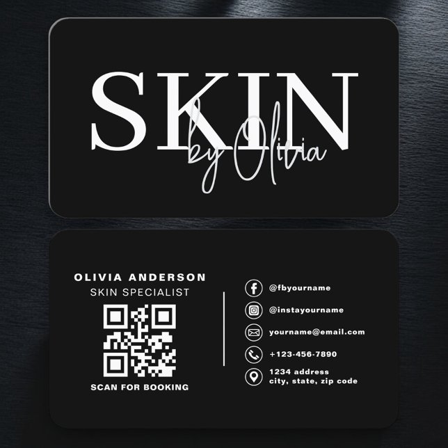 Carte De Visite Skin Care QR Code  Black White (Créateur téléchargé)