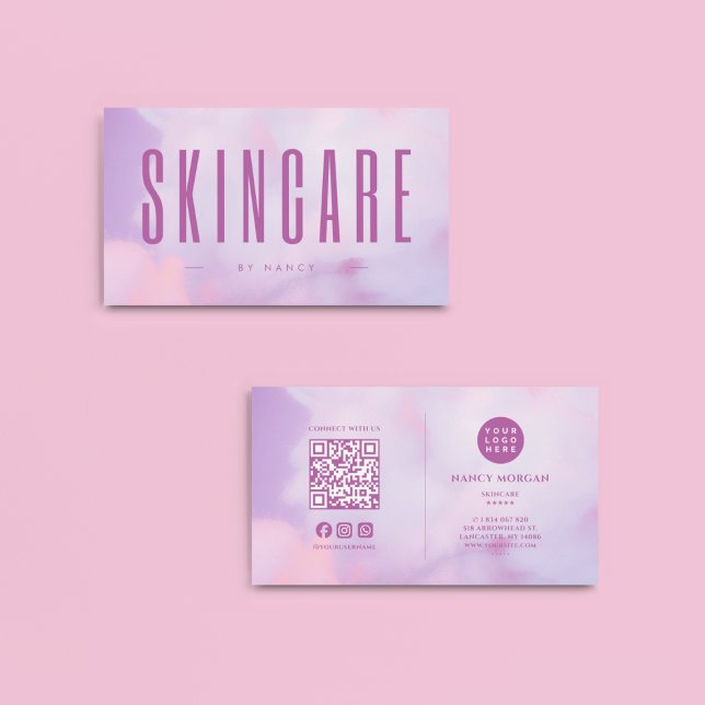 Carte De Visite Skincare QR Code & Logo Purple Holographique (Créateur téléchargé)