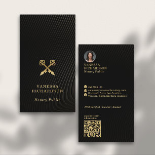Carte De Visite Sleek Black & Gold Wavy Skeleton Key Notaire QR