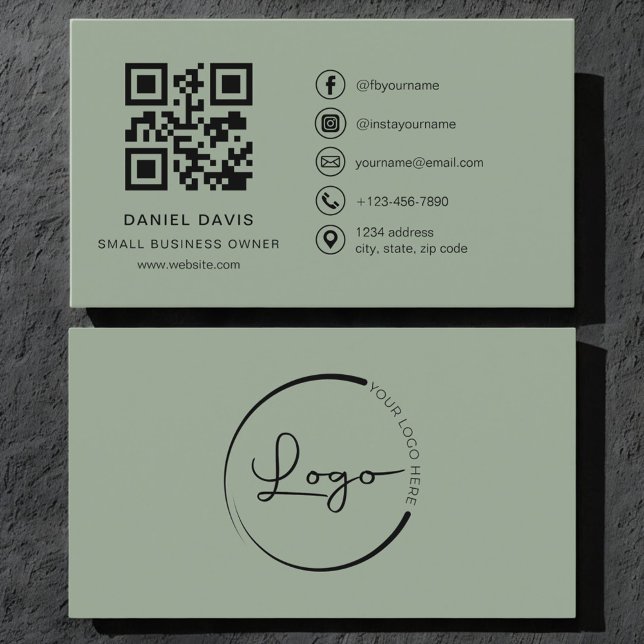 Carte De Visite Small Business Owner Sage Green Logo QR Code  (Créateur téléchargé)