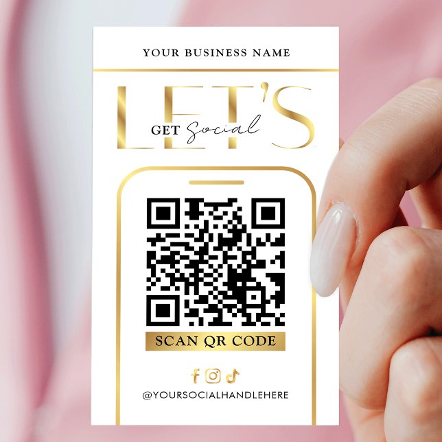 Carte De Visite Social Media QR Code Glam Gold Logo QR Code (Modern white and gold QR code business cards - great to promote your social media or website)