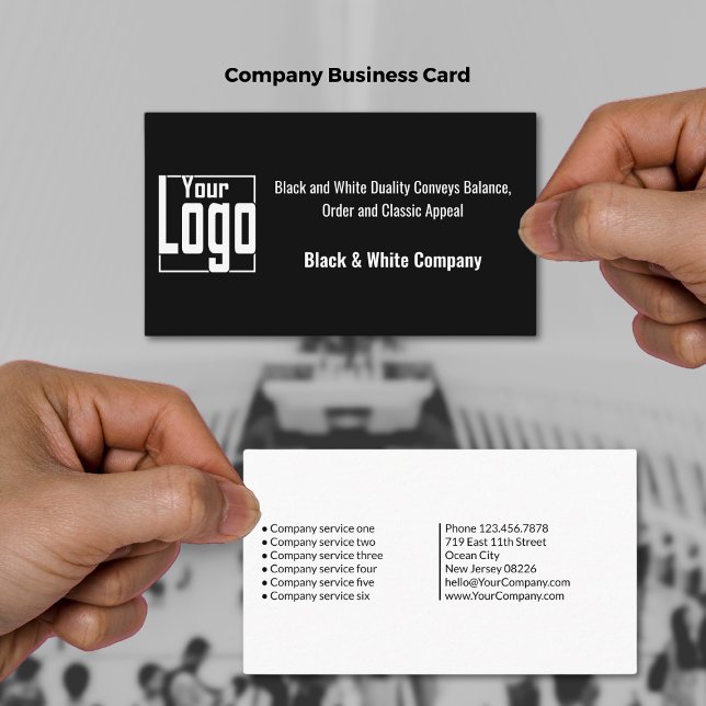 Carte De Visite Société moderne dynamique Black & White (Modern Dynamic Black & White Company Business Card, Logo, Tagline, Service List)