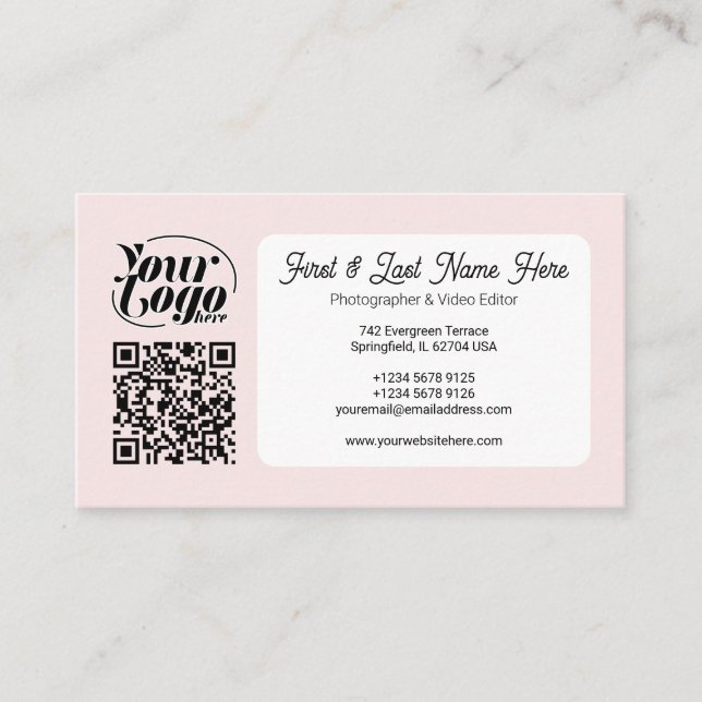 Carte De Visite Soft Pink QR Code Photo Social Media Icons Contenu (Devant)
