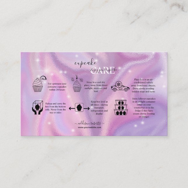 Carte De Visite Soins essentiels à la cupcake violet holographique (Devant)
