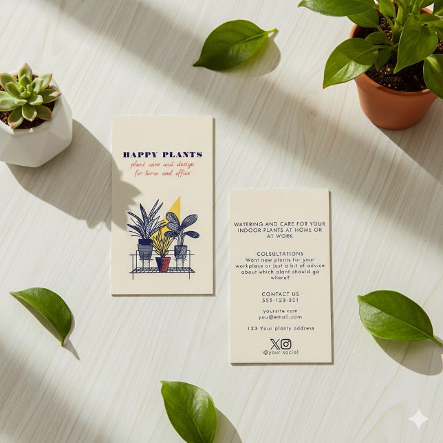 Carte De Visite Soins Plantes intérieurs modernes (Modern geometric house plant care guide business card.)