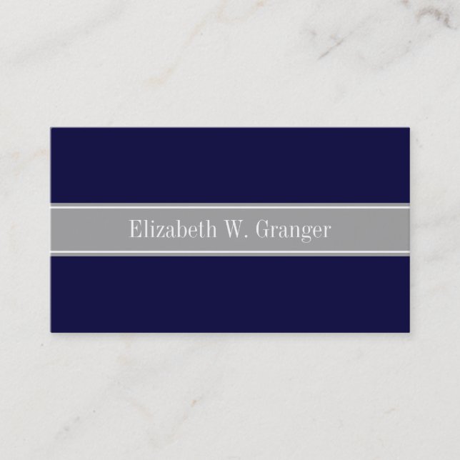 Carte De Visite Solid Navy Blue, Dark Gray Ribbon Nom Monogram (Devant)