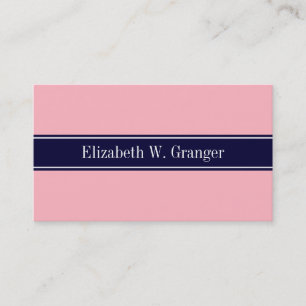 Carte De Visite Solid Pink, Navy Blue Ribbon Nom Monogram