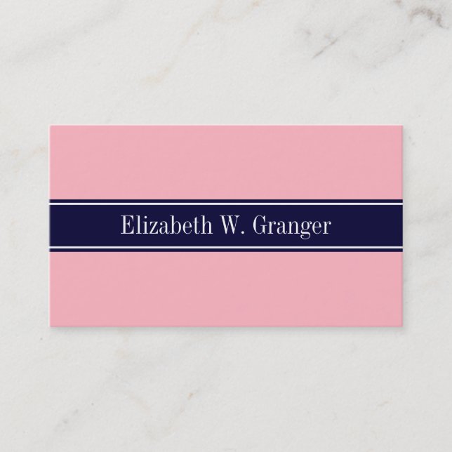 Carte De Visite Solid Pink, Navy Blue Ribbon Nom Monogram (Devant)