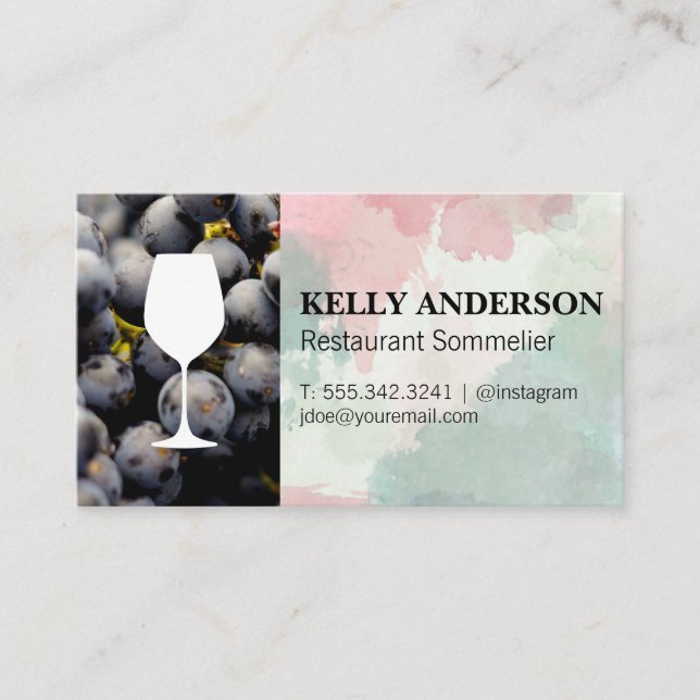Carte De Visite Sommelier de vin | Aquarelle | Raisins de vin (Devant)