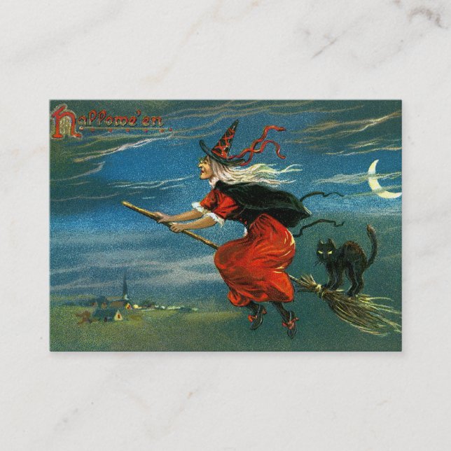 Carte De Visite Sorcière de Halloween de vol avec le chat (Devant)