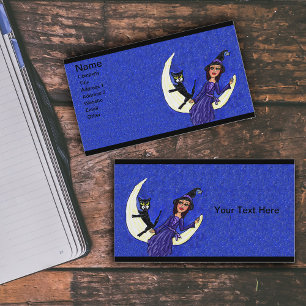 Carte De Visite Sorcière Sur Crescent Moon Noir Chat Bleu