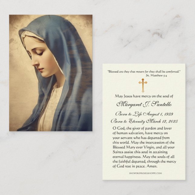 Carte De Visite Sorrowful Mother Mary Catholic Funeral Memorial (Devant / Derrière)