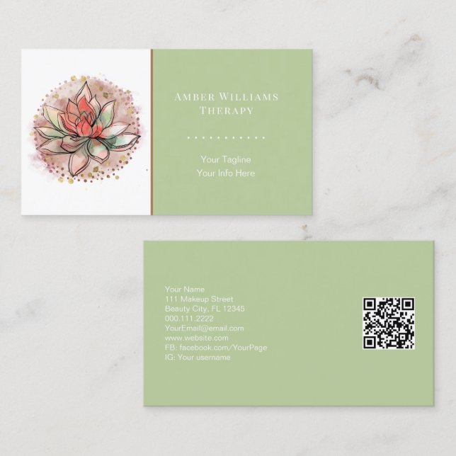 Carte De Visite Spa thérapeutique Yoga Succulent guérison QR Code (Devant / Derrière)