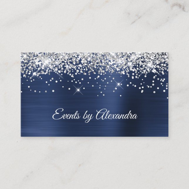 Carte De Visite Sparkly Silver Parties scintillant Navy Blue Satin (Devant)