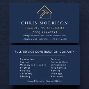 Carte De Visite Spécialiste de la rénovation en bleu marine Constr