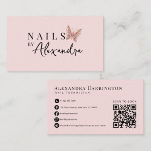 Carte De Visite Spécialiste des Ongles Rose Pâle Code QR Papillon