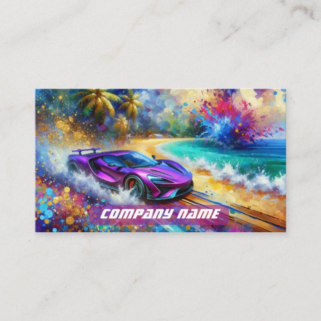 Carte De Visite Sportscar violet vibrant sur une plage tropicale (Devant)