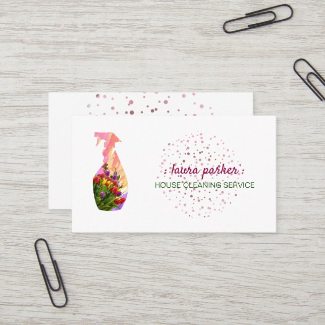 Carte De Visite Spray Bouteille Service de nettoyage floral Jardin (Devant/Arrière en situation)