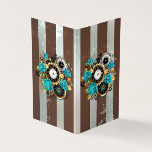 Carte De Visite Steampunk Clock and Turquoise Roses on Striped
