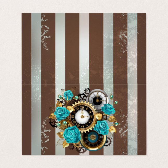 Carte De Visite Steampunk Clock and Turquoise Roses on Striped (Extérieur déplié)