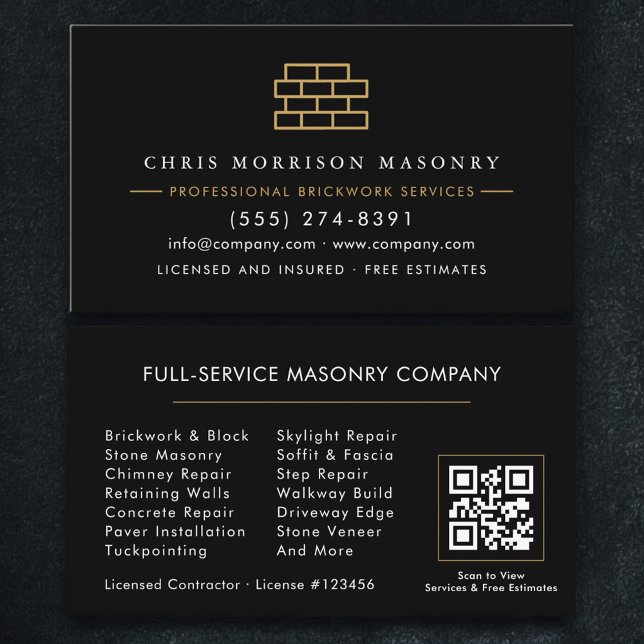 Carte De Visite Stone Masonry Brick Mason Company QR Code (Créateur téléchargé)
