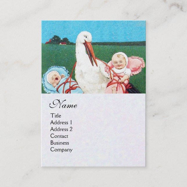 Carte De Visite STORK TWIN BABY SHOWER MONOGRAM, papier perle blan (Devant)