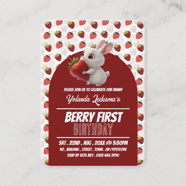 Carte De Visite Strawbunny, Berry Premier Anniversaire Billets de  (Devant)
