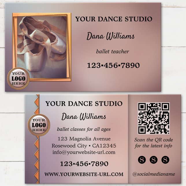 Carte De Visite Studio De Danse De Ballet Moderne (Ballet dance business card featuring pointe shoes on an artistic design - with logo, QR code, media)