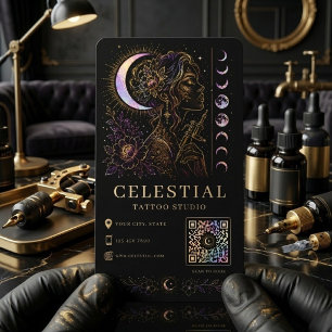 Carte De Visite Studio de tatouage céleste Luxe Noir Or QR Tatto
