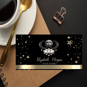 Carte De Visite Studio de Yoga Lotus Étoiles Dorées Lune Entrepris
