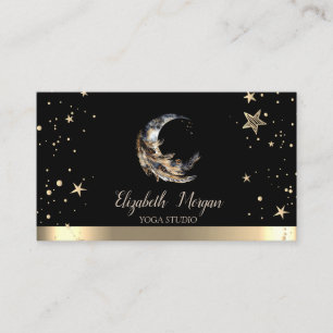Carte De Visite Studio de yoga noir étoiles dorées plume Lune