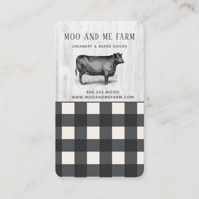 Carte De Visite Style agricole Buffle noir blanc Plaid Bois Bu (Devant)